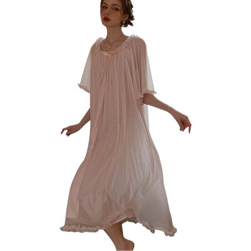 Ultra-thin Fairy Style Vintage Lace Mesh Mid-sleeve Long Nightdress Women's Summer Loose plus size Pregnant Women's Sexy Pajamas