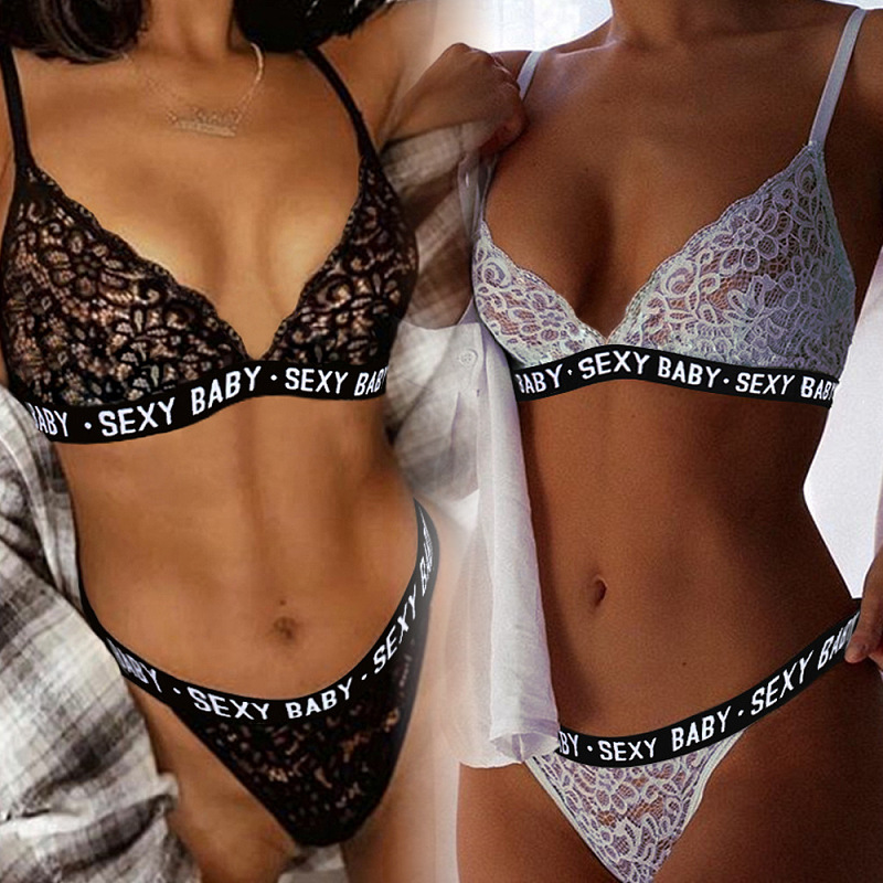 Foreign trade Europe and the United States sexy lace English letter Printing transparent ladies sexy underwear set manufacturers wholesale generation