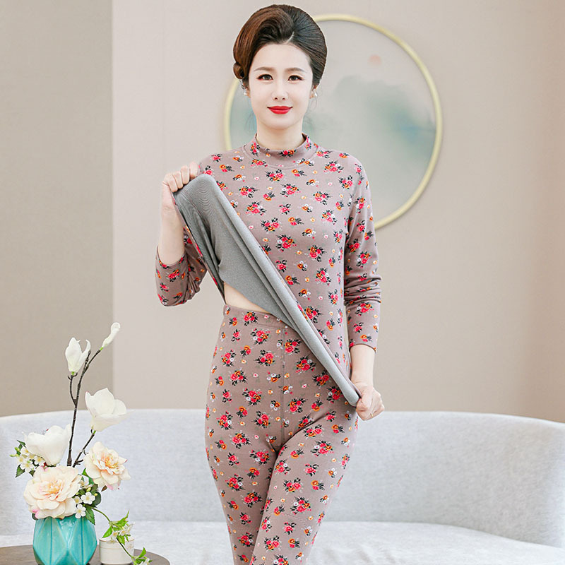 Picture of De velvet thermal underwear for middle-aged and elderly people printed mid-collar autumn clothes long pants suit women's double-sided brushed bottoming shirt winter