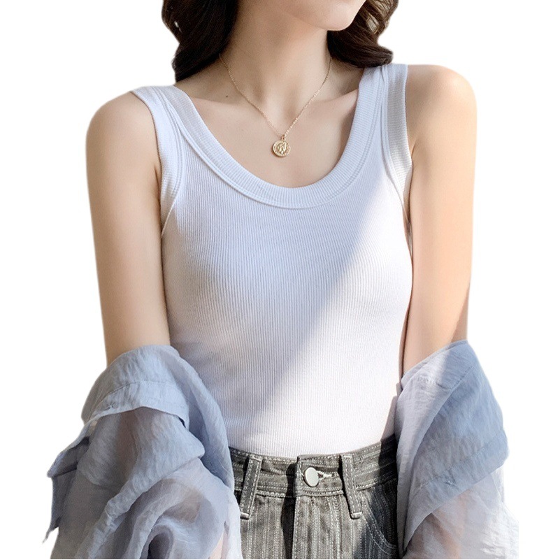 U-neck Solid Color Threaded Camisole Women's Outer Wear Inner 2023 Summer New Slim-fit All-match Sleeveless T-shirt Low Collar