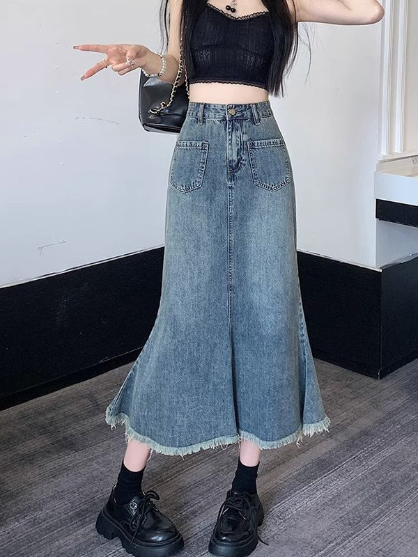 High-waisted pleated denim skirt women's 2025 new summer stretchy small A-line mermaid cropped skirt