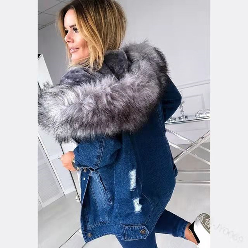 Picture of 2024 Autumn and Winter Denim Jacket Plus Velvet Denim Jacket European and American Retro Large Fur Collar Temperament Commuting Warm Ripped Coat