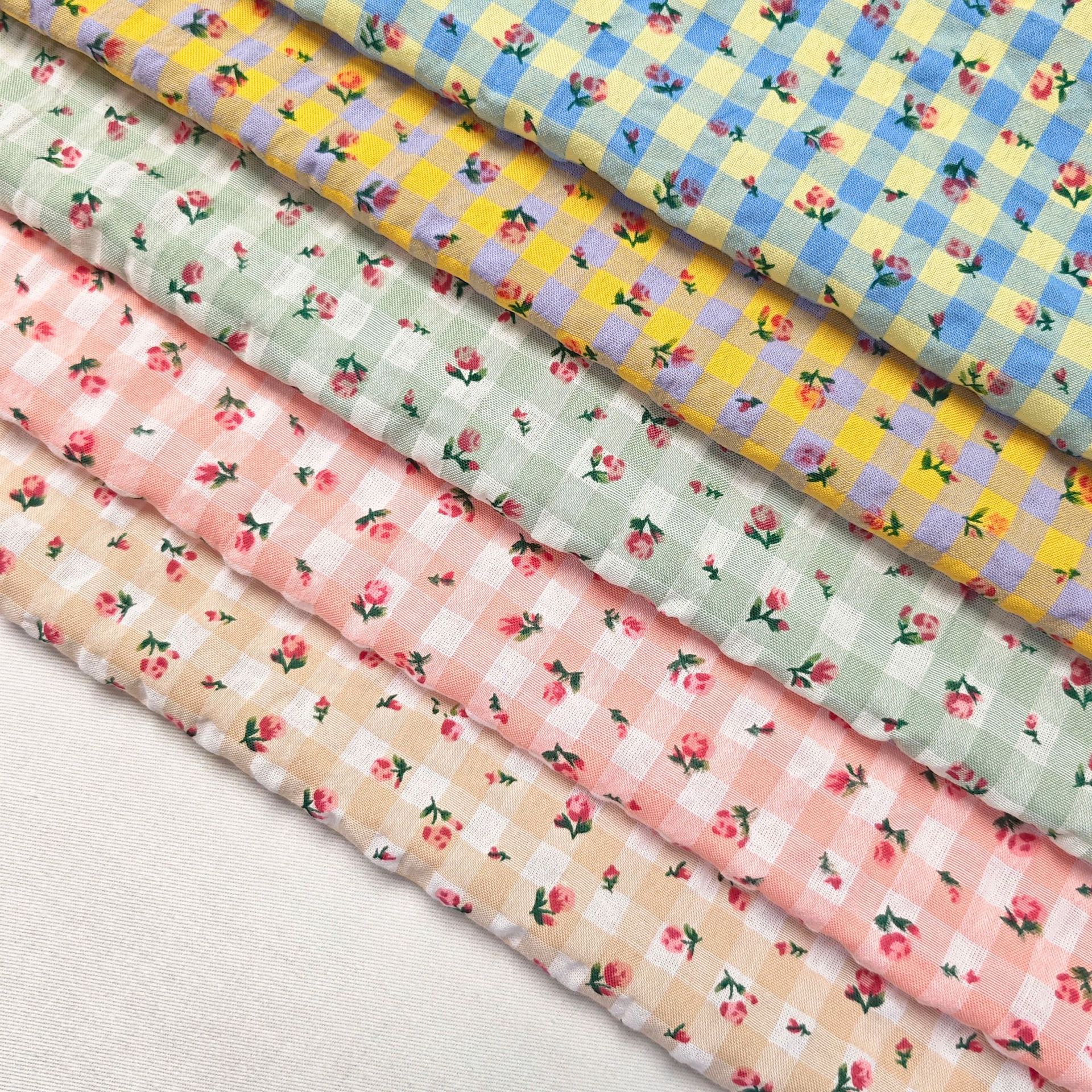 Spring and summer small fresh yarn-dyed lattice small floral woven printed fabric dress children's wear tablecloth home boutique