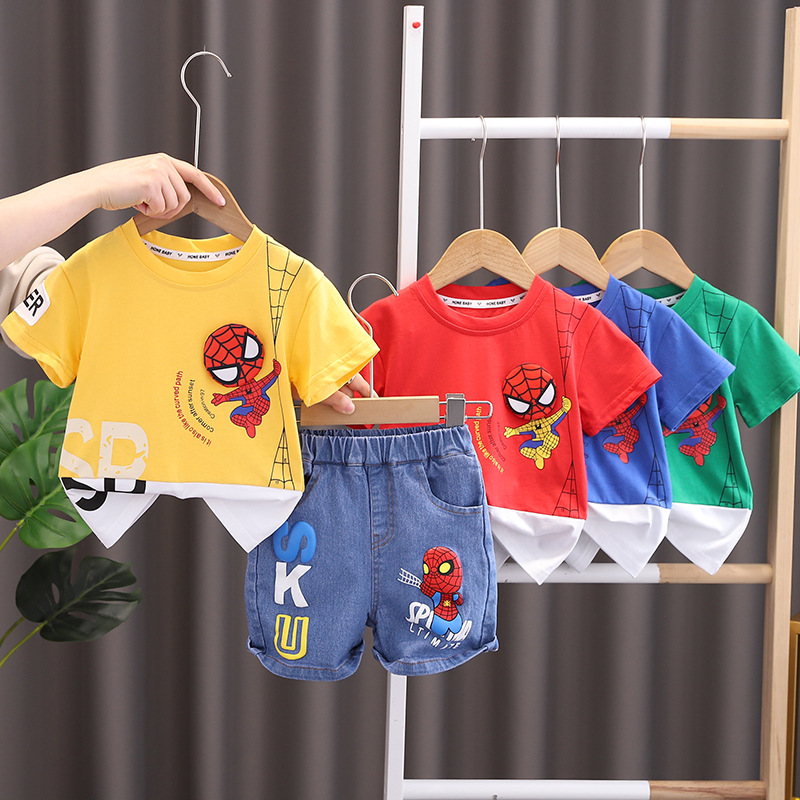 Fashionable Boy's Clothes Summer New Stitching Cartoon Short-sleeved Shorts Two-piece Set Men's Summer Western Style Suit