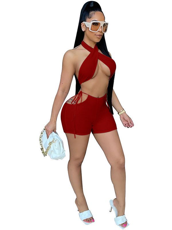 Picture of N393 Foreign Trade Women's Fashion Casual Sleeveless Wrap Chest Lace-up Shorts Two-piece Set