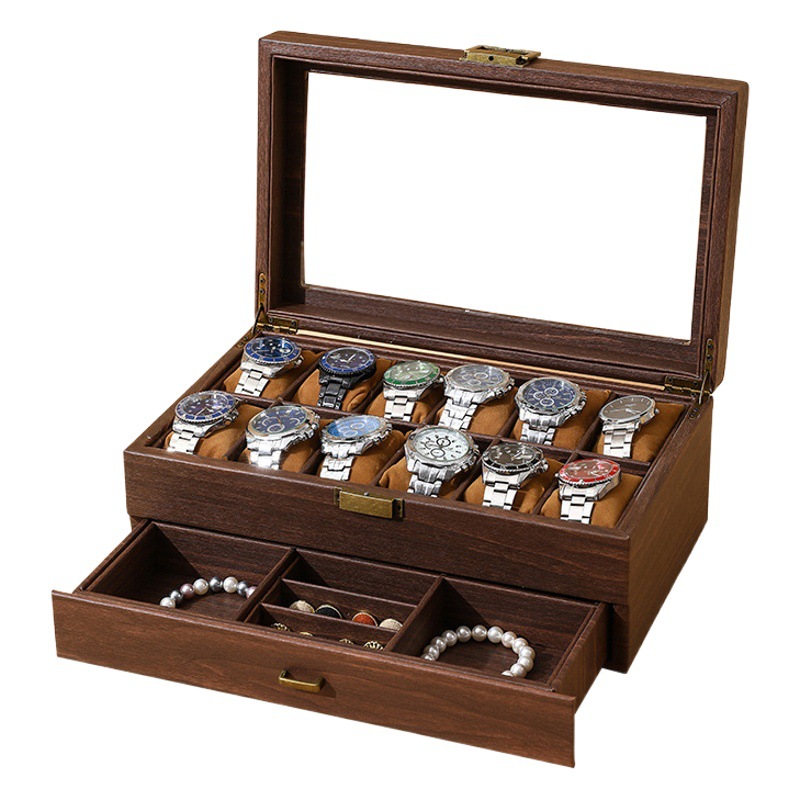 In stock vintage wood grain leather soft pillow watch box watch box watch jewelry integrated storage box double-layer watch collection