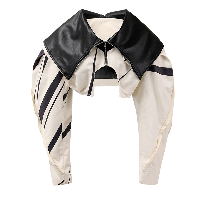 Picture of Personalized heavy industry design short coat for women Spring New style frayed edge contrast color stitching PU temperament lapel motorcycle top