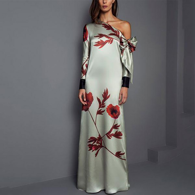 European and American Long Printed Stretch Dress New Export Women's Independent Station ebay Round Neck Retro Long-sleeved Skirt