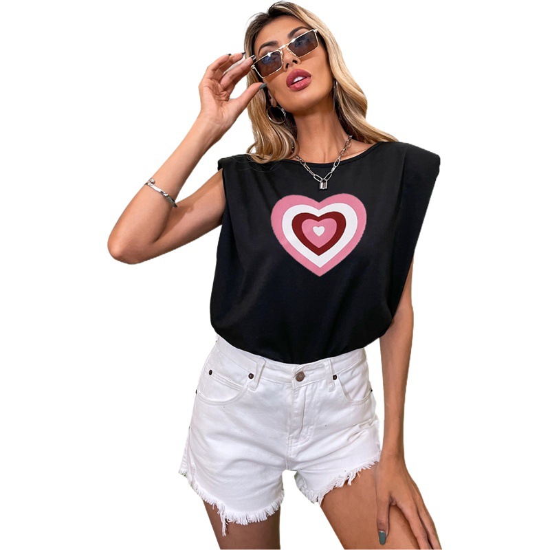 91660# Amazon Cross-border Women's Wear Europe and America INS Fashion Crewneck Leisure Sleeveless Shoulder Pad vest T-shirt