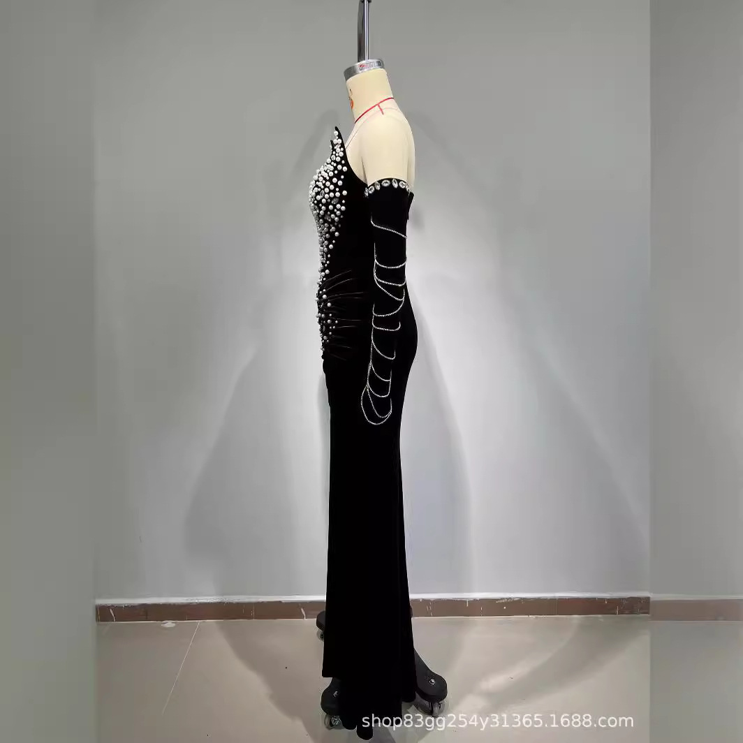 Picture of European and American fashion new velvet tube top beaded rhinestone with gloves Elegant party banquet adult ceremony evening dress