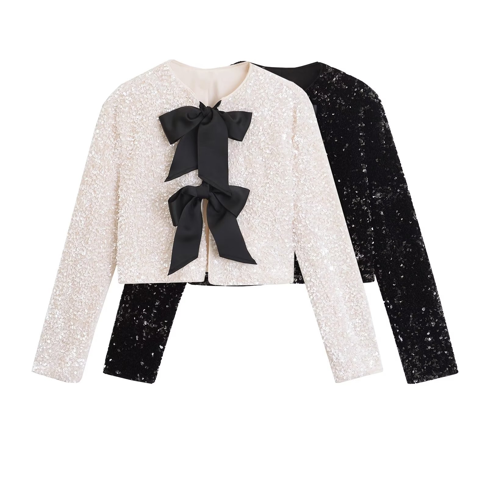 European and American women's round neck sequins long sleeve four-color bow decoration long sleeve sequins short short coat 2024 new
