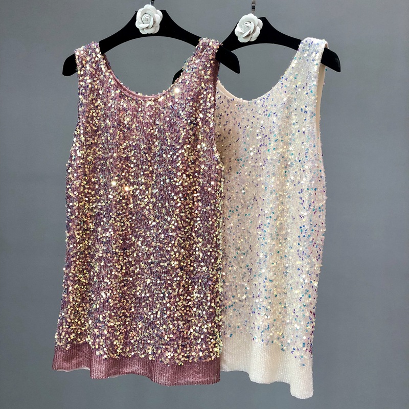 Spring and Summer 2021 Sleeveless Loose Vest Outer Wear Fashionable Sequins Shiny plus size Inner Wear Mid-length Base Shirt for Women
