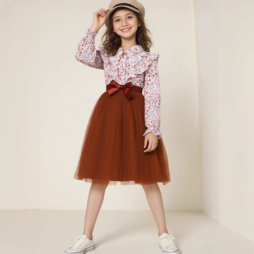 Picture of New Style Long-Sleeved Lapel Floral Print Mesh Dress for Girls and Older Children with Woven Belt