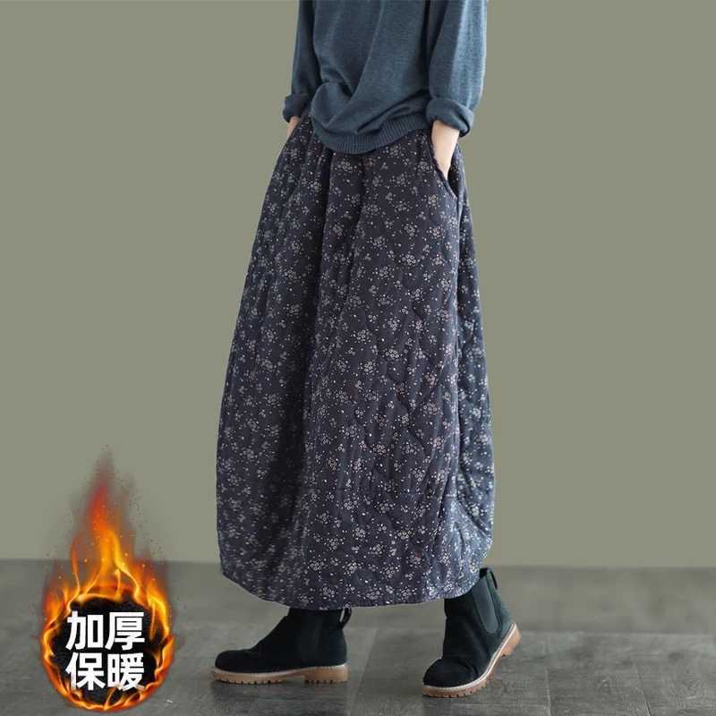 Women's Vintage Floral Quilted Skirt Thickened Warm A- Line Midi Dress