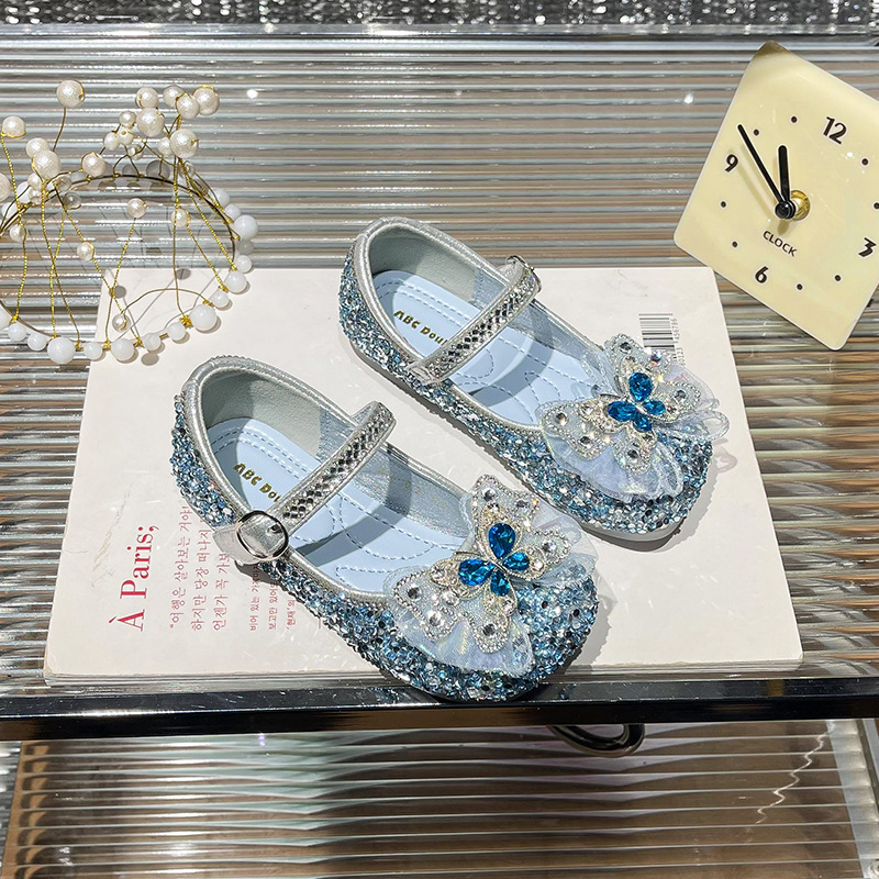 Girls Rhinestone Princess Shoes 2025 Spring New Children Crystal Bow Bean Shoes Girls Dance Shoes