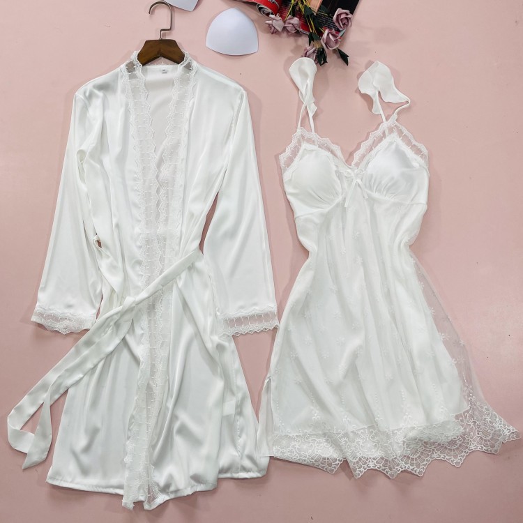 Pajamas Women's Spring and Autumn New Nightgown Sling Nightgown Two-Piece Ice Simulation Silk Lace Internet Popular Home Clothes Korean Style
