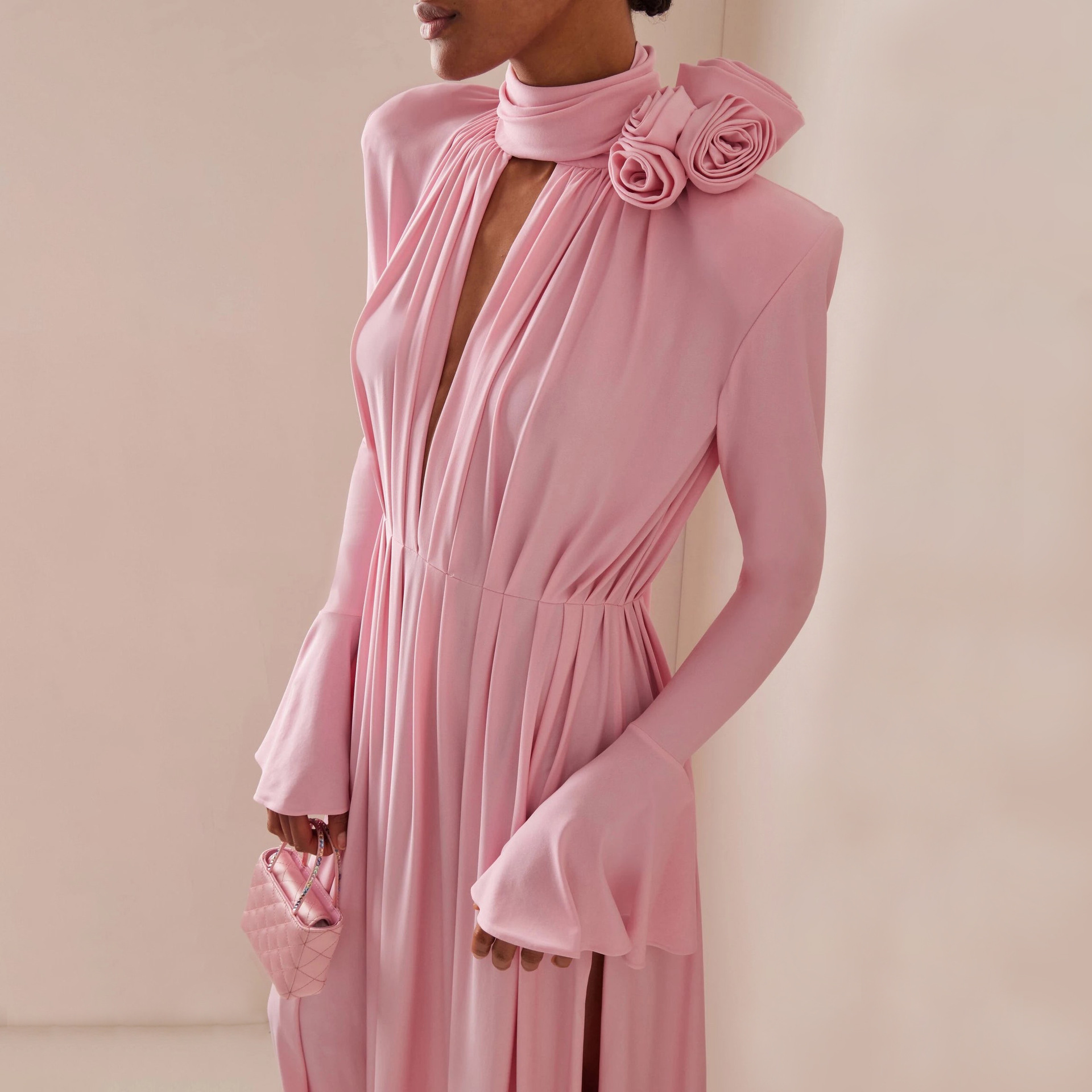 European and American women's high-end retro dress hollow-out deep V halter dress pleated drape three-dimensional flower dress