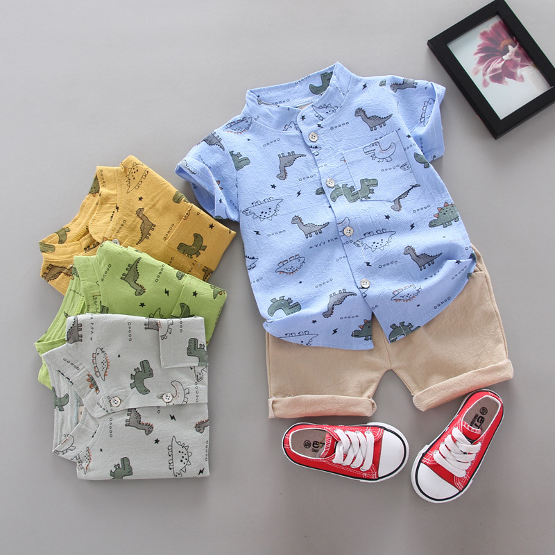 Cross-Border Summer Children's Clothing Korean Version Boys Infants Cartoon Dinosaur Shirt Short-Sleeved Two-Piece Suit Manufacturer Trendy Wholesale