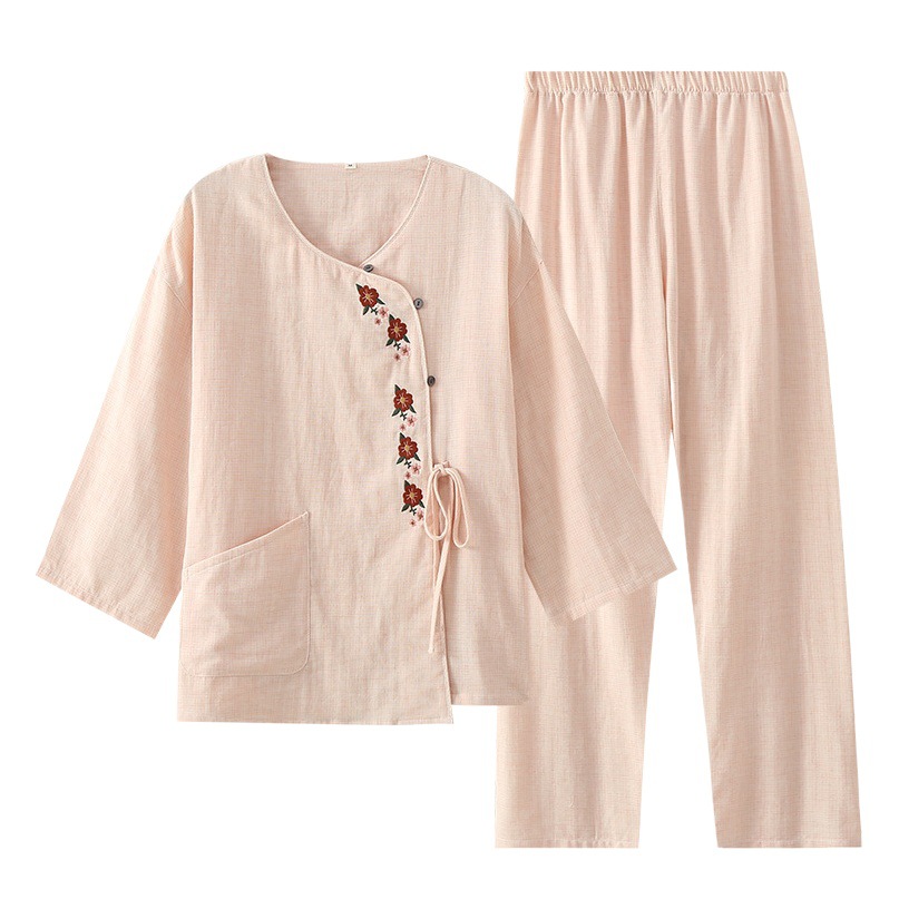 Cotton yarn-dyed double-layer gauze National style cardigan embroidered pajamas suit women's four seasons thin long-sleeved trousers home wear