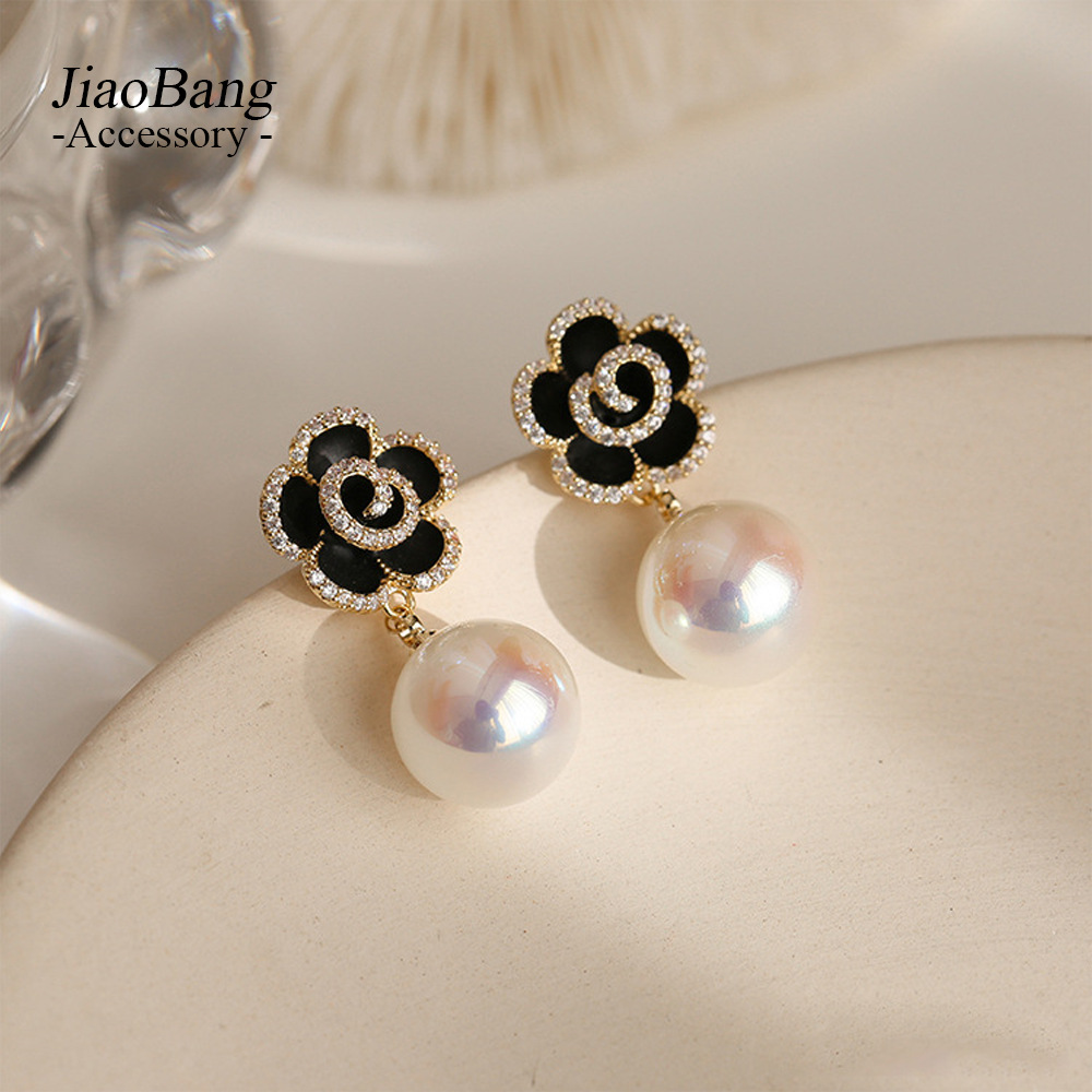 Silver Needle Black Rose Pearl Earrings Korean-style Diamond-studded Simple Flower High-end Earrings All-match Elegant Earrings