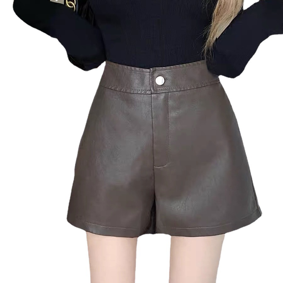 Picture of Black PU leather pants women's autumn and winter hot girl high waist slimming elegant socialite A- line casual wide leg shorts outer wear boot pants
