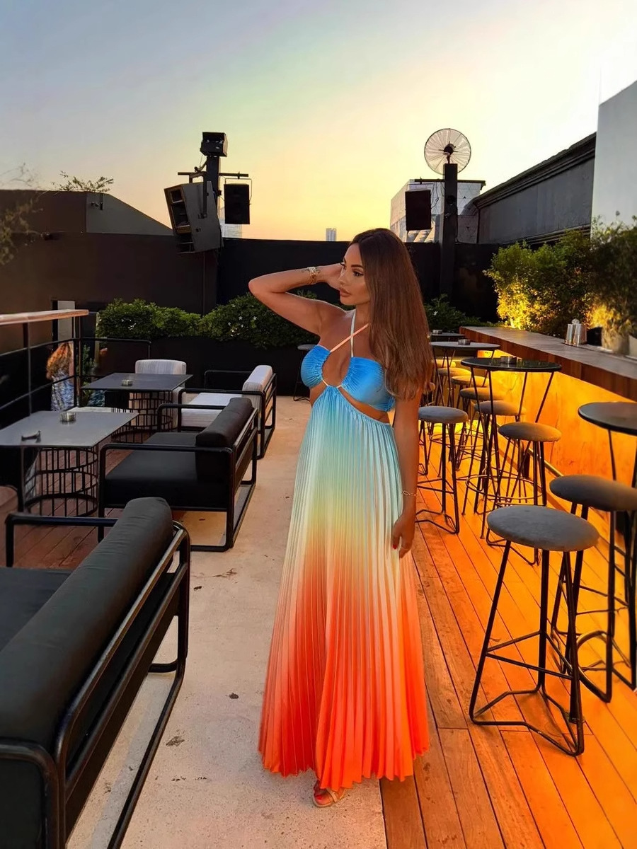 2025 Spring and Summer New Cross-border European and American Women's Sexy Gradient Dress Dopamine Neck dress