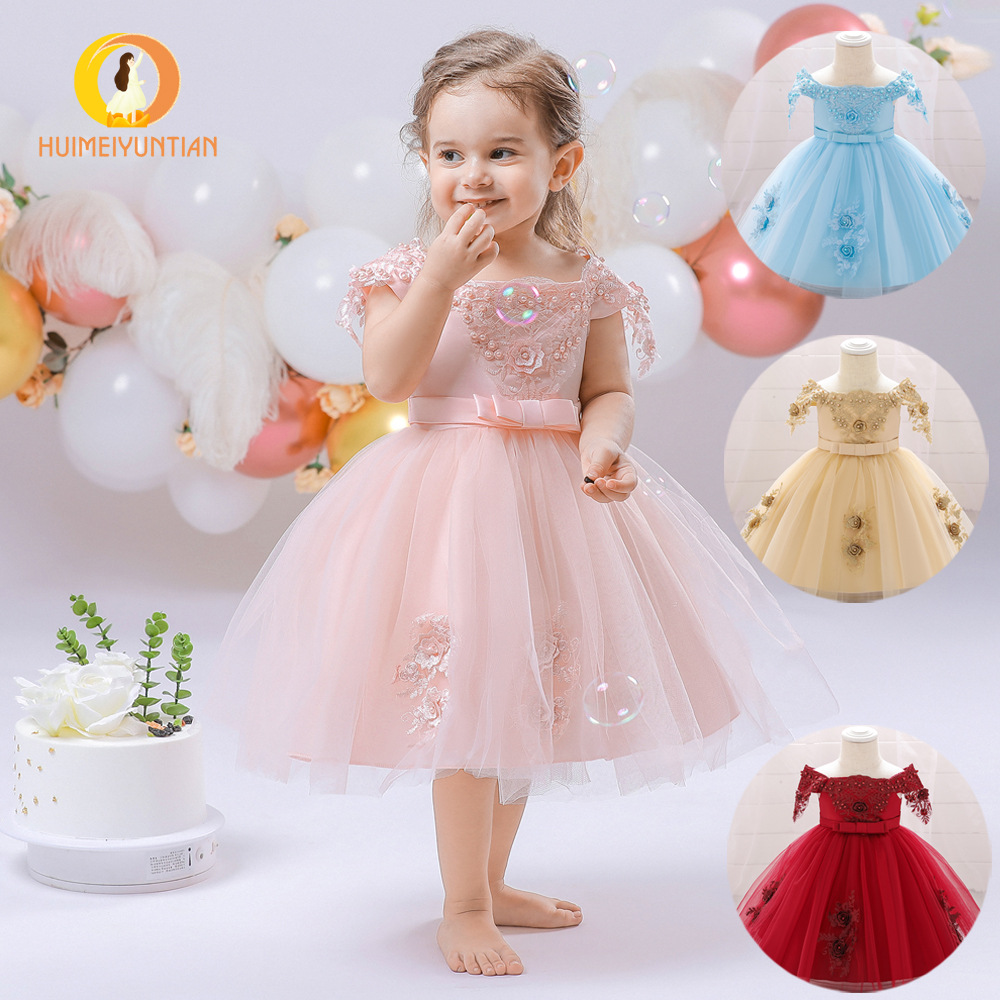 Factory wholesale Europe and the United States new off-shoulder baby puffy flower girl princess dress one year old baby girl dress