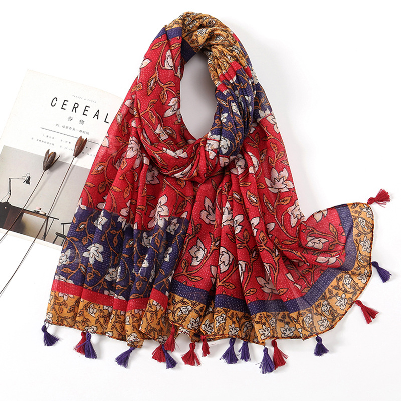 Picture of New Artistic Fresh Cotton and Linen Retro Tassel Scarf Women's Printed Beautiful Silk Scarf Japanese Sunscreen Shawl