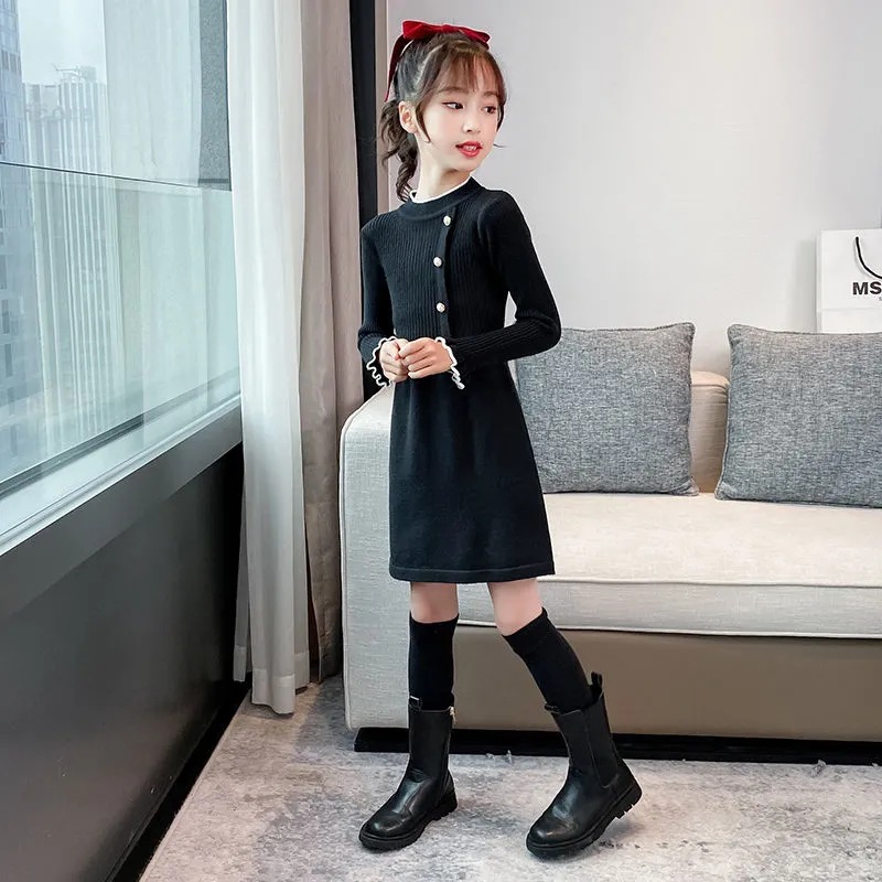 Picture of Girls' Spring and Autumn dress New Sweater Dress for Big Children Retro Knitted Skirt Western Style Girls' Knitted Princess Skirt