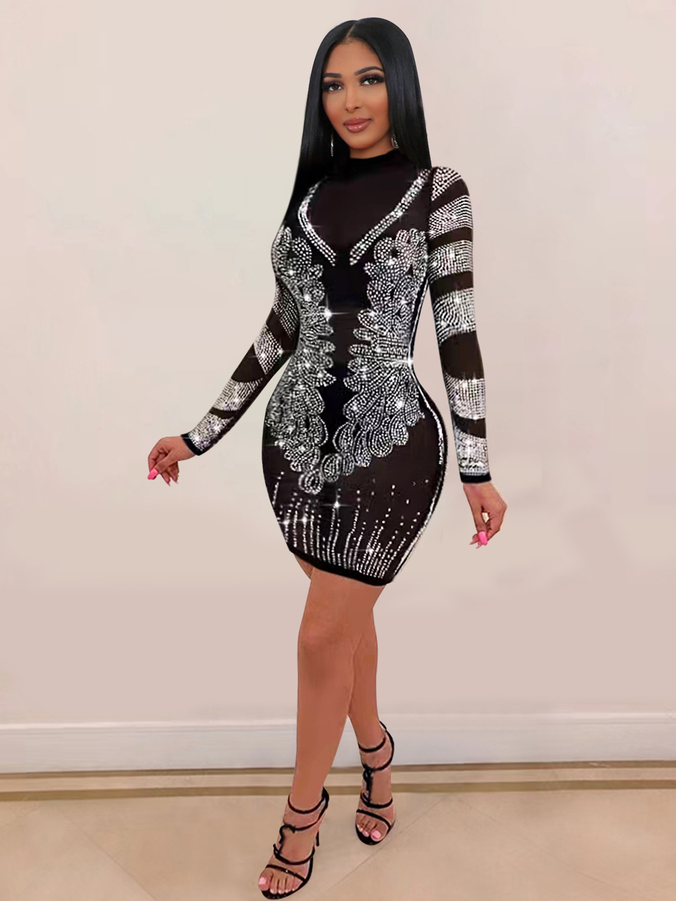 9683 European and American Amazon Sexy Fashion Semi-high Collar Rhinestone Shiny Long Sleeve Perspective Slim Fit Nightclub dress