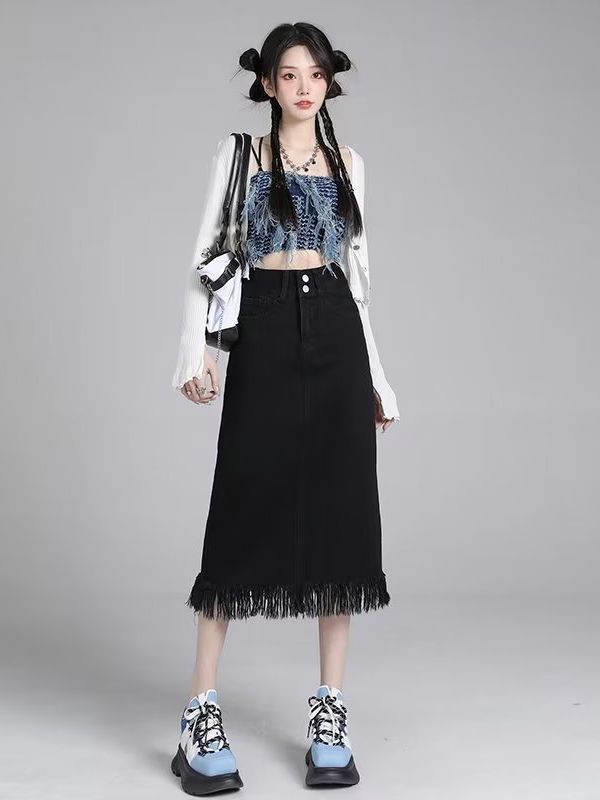 Retro high waist tassel Denim skirt women's summer plus size chubby girl slimming small split frayed A- line skirt fashion