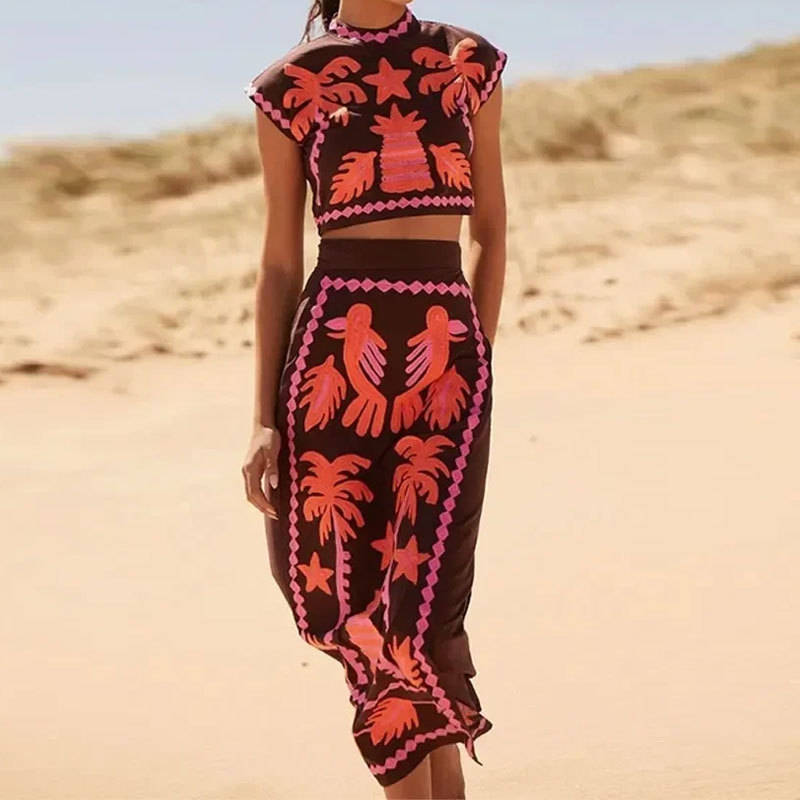 2025 Amazon European and American Cross-Border Women's Retro Printed Short-Sleeved Tops Slit Skirt Fashion Suit 661