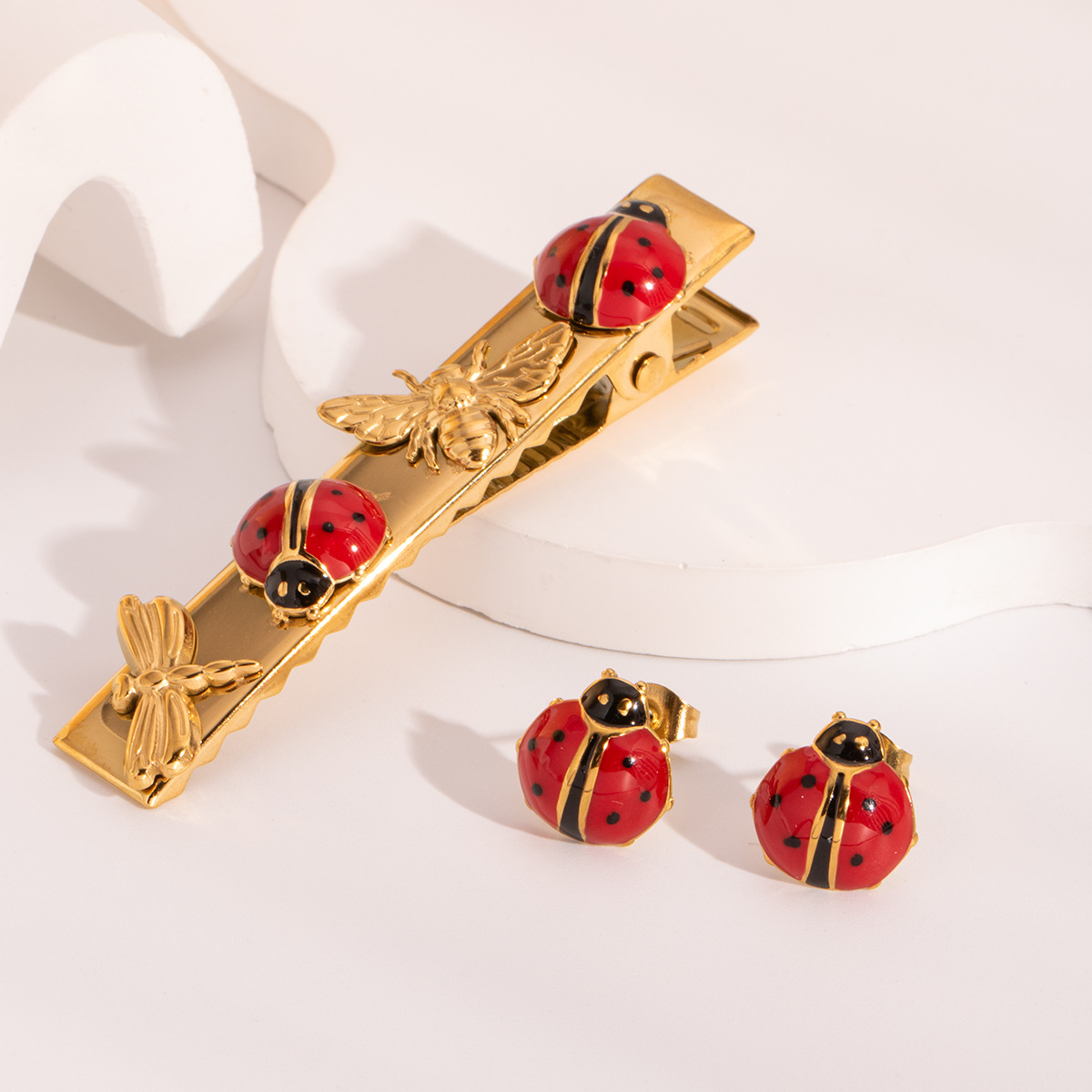 New Chinese Style Coccinella Insect Hair Accessories Earrings suit Niche Design Natural Fresh Ins Style Jewelry Wholesale