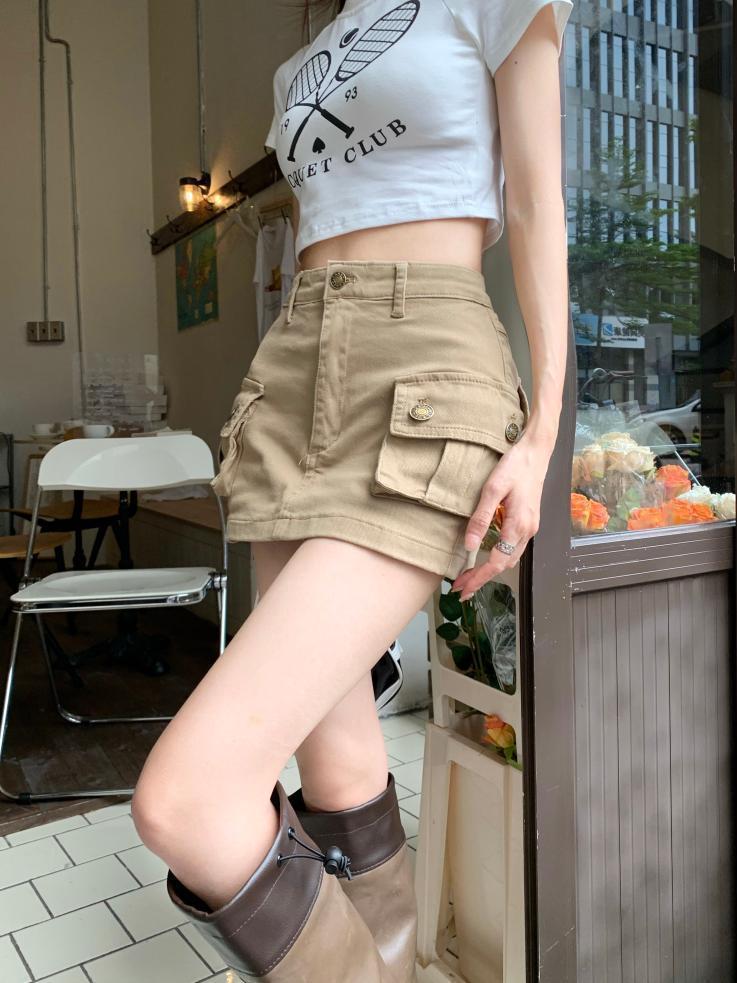 khaki Workwear Skirt Women's Summer Spice Girl Anti-glare Denim Slimming Retro Skirt High Waist A- line Short Skirt