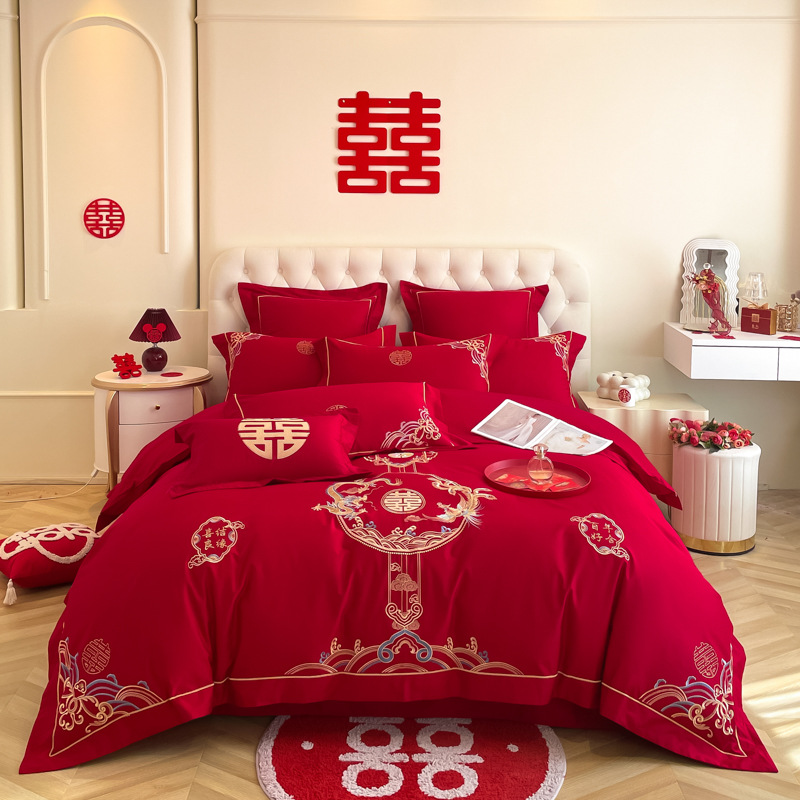 Picture of Y * J Chinese Dragon and Phoenix Embroidery Big Red Wedding Four-Piece Set Wedding Accompanying Cotton Six-Piece Bed Sheet Quilt Cover Bed