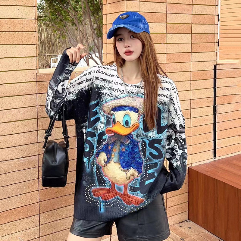 American-style Long-sleeved Base Sweater Women's Trendy Brand Heavy Industry Hot Rhinestone Loose Mink Velvet Slim Look Fashion Top Cartoon Round Neck