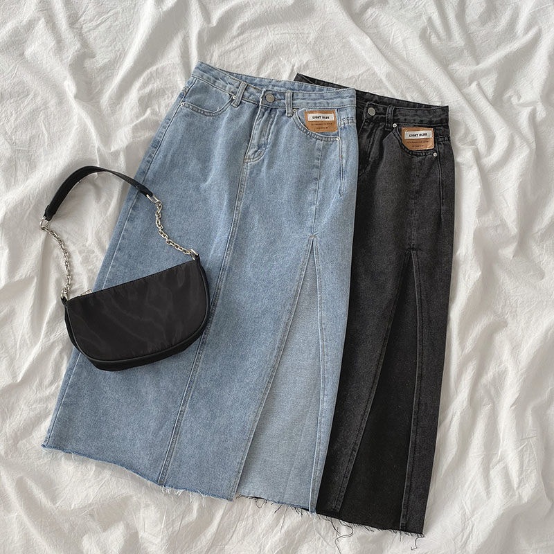 High Waist Side Slit Denim Skirt Women's 2021 Summer Thin Mid-length Slimming Loose Hip A- line Trendy Skirt