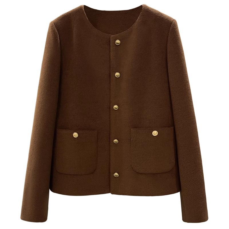 Picture of Dark Brown Short Woolen Niche Round Neck Jacket for Women 2024 New Autumn and Winter Light Mature Style High-End Simple Top