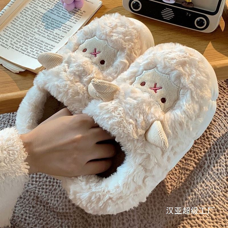 Cute lamb cotton slippers women's bag with winter indoor home thick bottom non-slip moon shoes fleece-lined warm wool wholesale