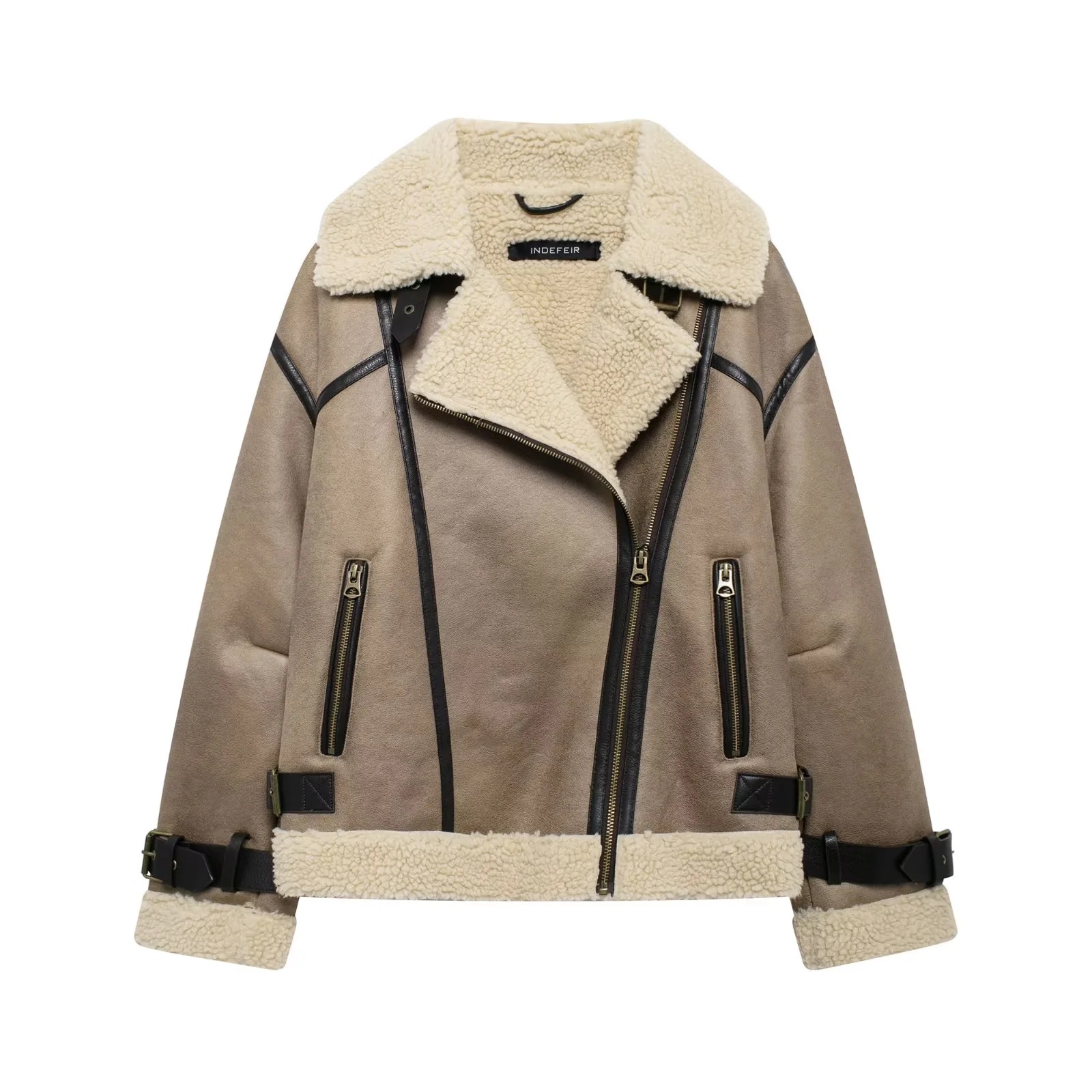 European Station AliExpress Autumn and Winter fleece-lined Warm Street Motorcycle Leather Trip Hem Double-Sided Jacket Coat