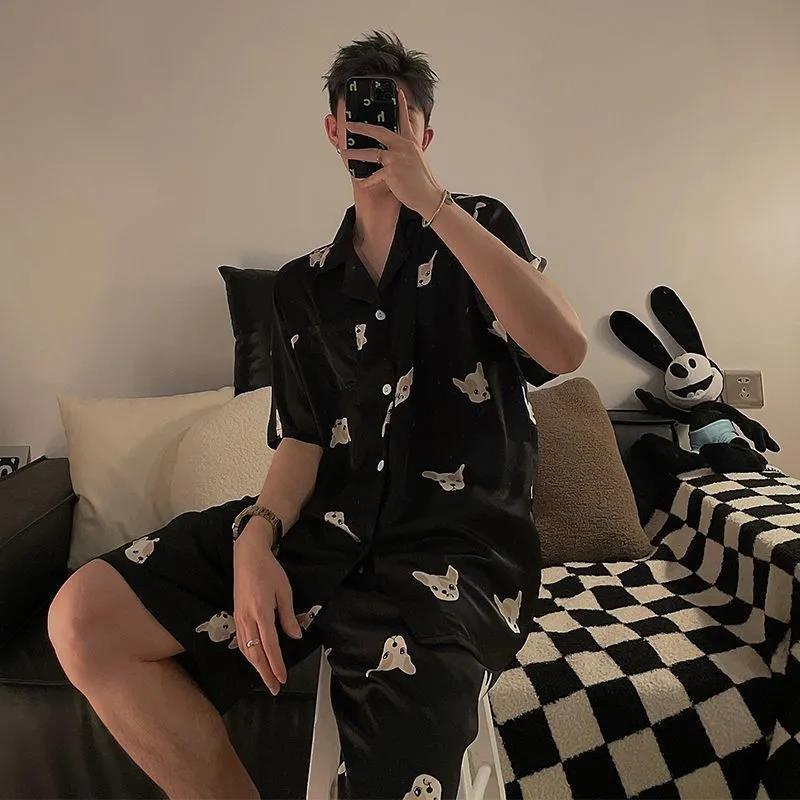 Men's pajamas summer ice silk short sleeve thin outer wear high sense summer artificial silk plus size home wear suit
