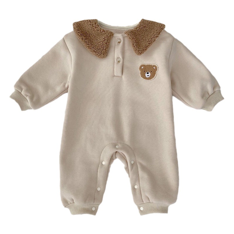 Winter Warm Baby Jumpsuit for Men and Women, Color-Blocked Lapel Robe, Cute Bear Fleece-Lined Long-Sleeved Crawling Suit
