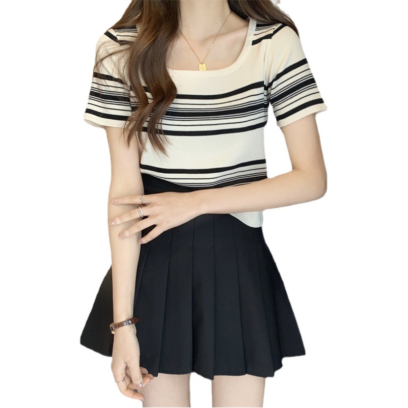Contrast Color Stripesd Knitted Short-Sleeved T-Shirt for Women 2025 Summer New Slimming Look Ice Silk Short Top in
