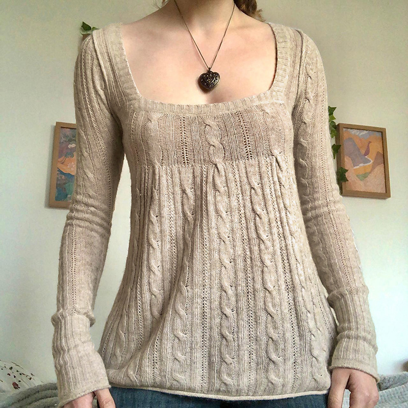Women's sweater 2022 spring cross-border new retro low-cut square collar twist khaki woolen top