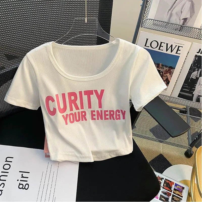 Korean Style Square Neck Pure Elegant Letter Printing Age-reducing All-match Short-sleeve T-shirt Women's 2024 Summer New Thin Top
