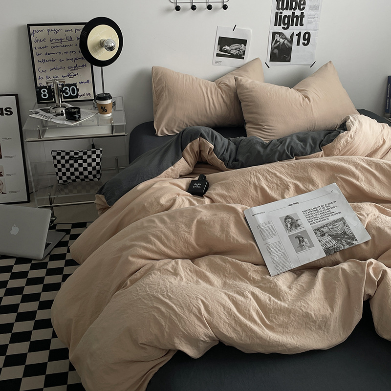 Picture of Four-piece bed set A can sleep naked wash cotton quilt cover solid color bed sheets student dormitory three-piece bed hat wholesale 4