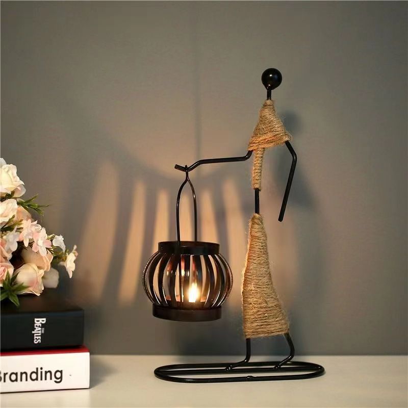 Creative Iron Hemp Rope Girl Lantern Candlestick Home Decoration Art Ornaments Living Room Iron Crafts Lantern