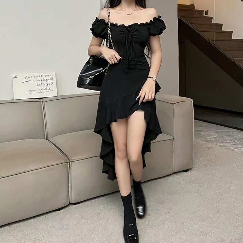Black Ruffled Irregular dress Women's Summer New Style off-shoulder Tight Waist Sexy Hanging Neck Strap Skirt for Children