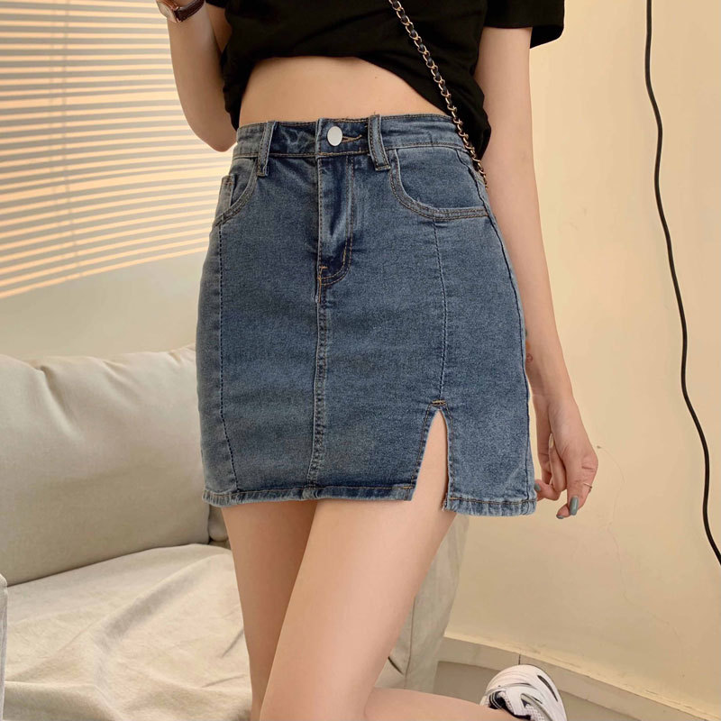 Stretch Denim Skirt Women's Summer High Waist ins Style Anti-walking Hip Skirt Split A- line Niche Half Shorts Skirt