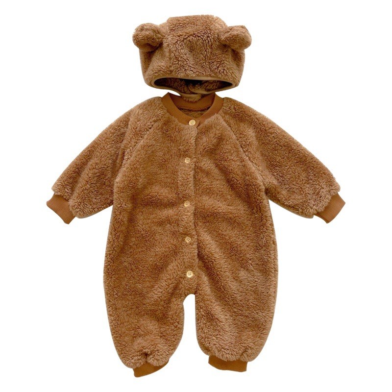 Ins Autumn and Winter Baby Jumpsuit Fleece-Lined Cute Male and Female Baby Bear-Shaped Crawling Suit for Going Out to Cover the Bag